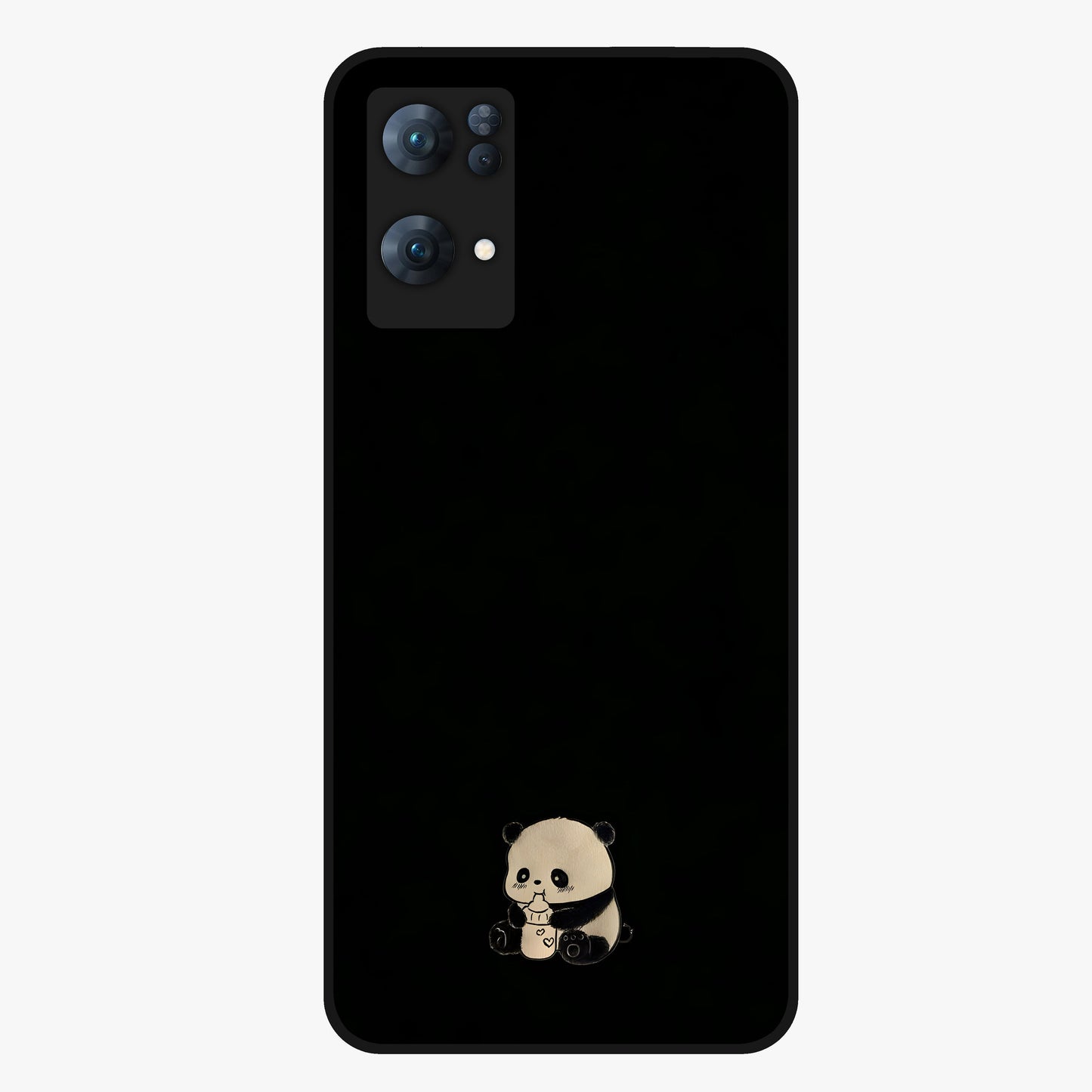 Midnight Panda Love Glass Case showing flat back view with cute panda themed artwork and glossy glass finish.
