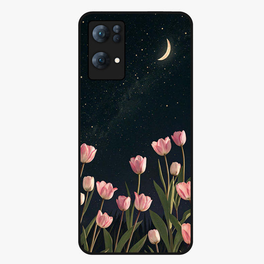 Midnight Tulip Whispers Vibe Glass Case showing flat back view with elegant tulip flower artwork and glossy glass finish.