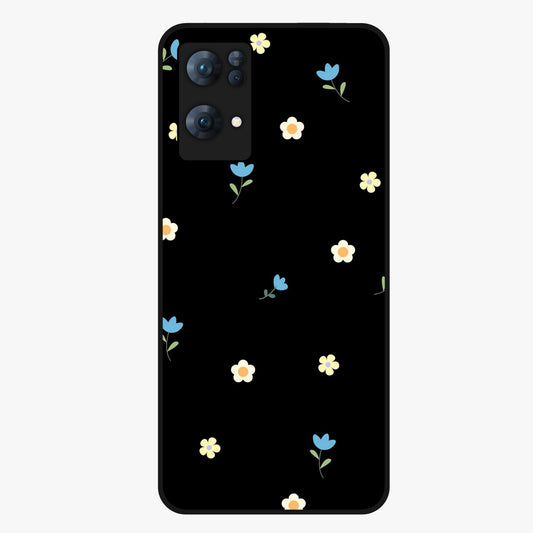 Minimalistic Blue With White Flower Pattern Glass Case showing flat back view with blue background and white flower pattern and glossy glass finish.