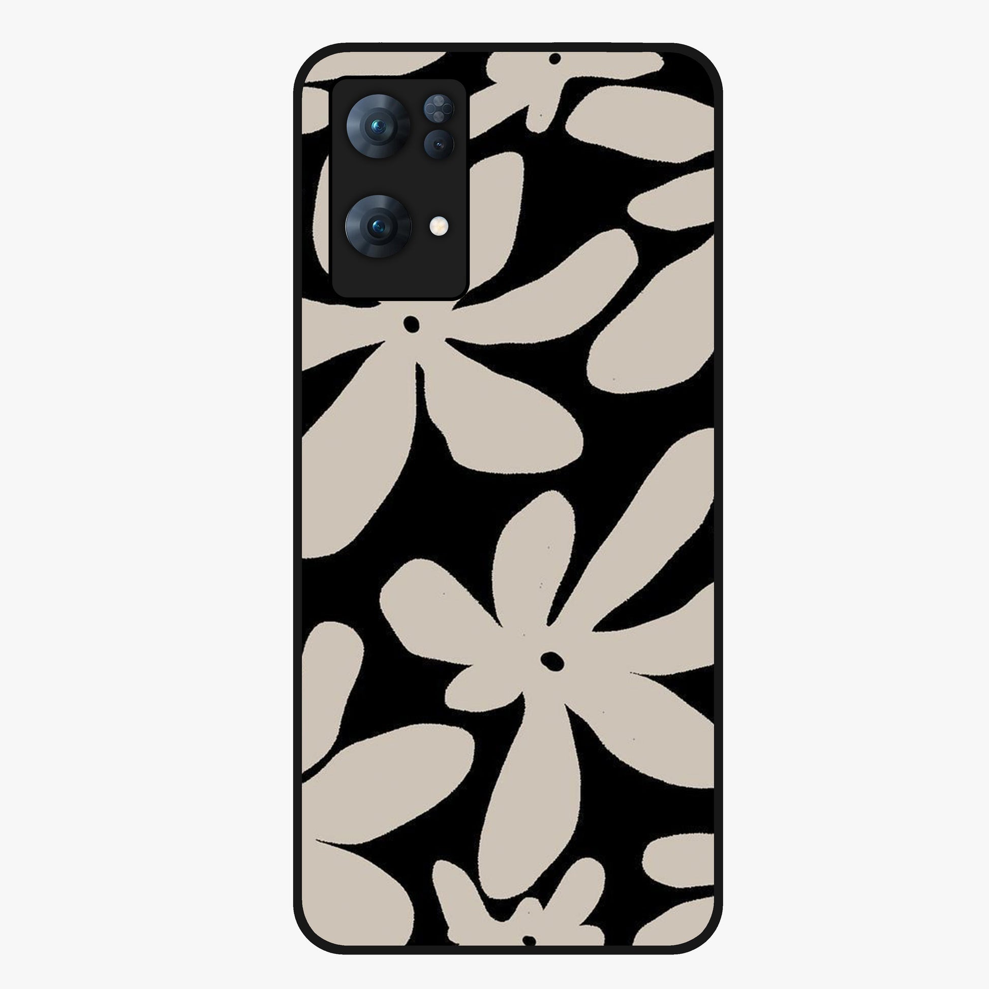 Monochrome Petal Dance Glass Case showing flat back view with monochrome floral artwork and glossy glass finish.