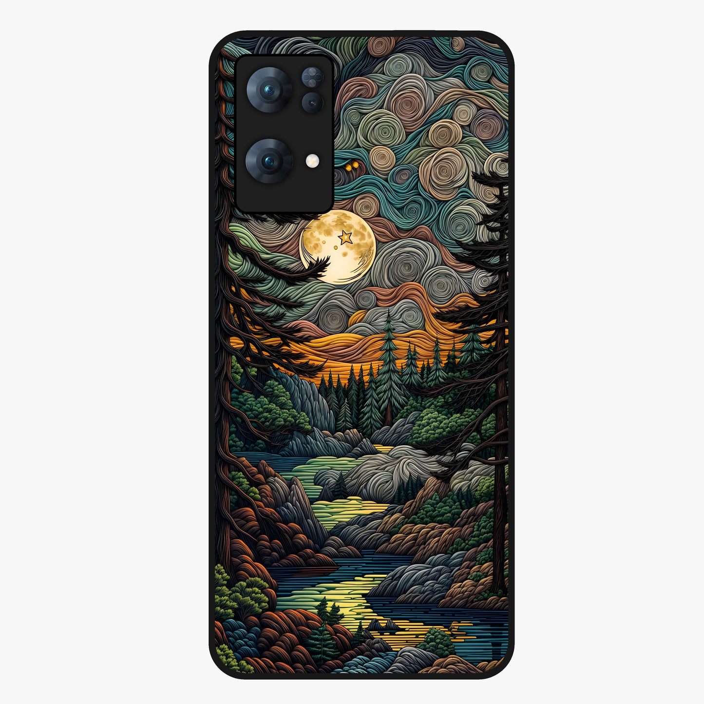 Moonlight Forest Dream Glass Case showing flat back view with mystical forest moonlight artwork and glossy glass finish.