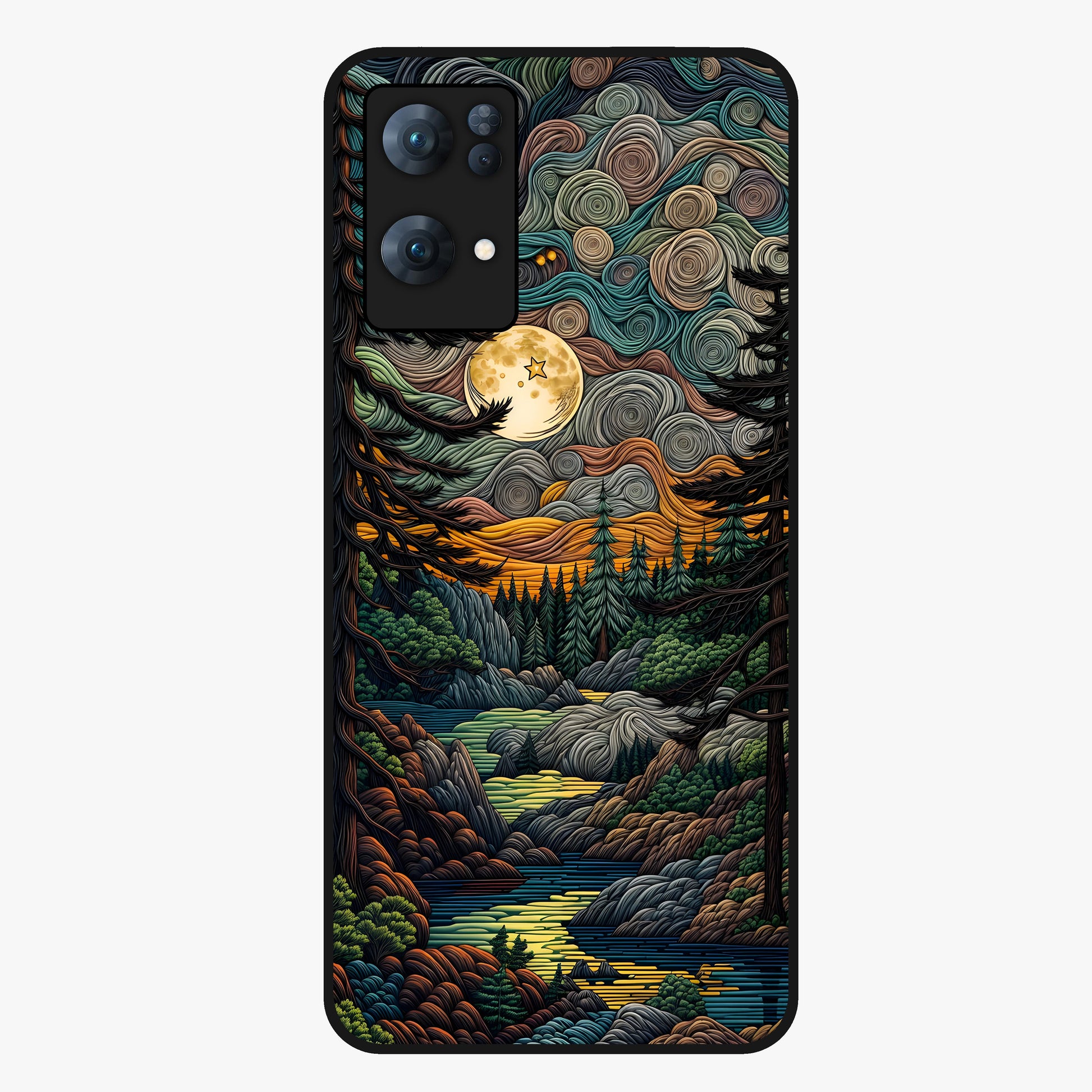 Moonlight Forest Dream Glass Case showing flat back view with mystical forest moonlight artwork and glossy glass finish.