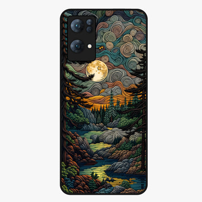 Moonlight Forest Dream Glass Case showing flat back view with mystical forest moonlight artwork and glossy glass finish.