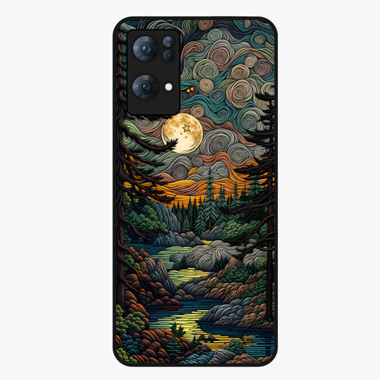 Moonlight Forest Dream Glass Case showing flat back view with mystical forest moonlight artwork and glossy glass finish.
