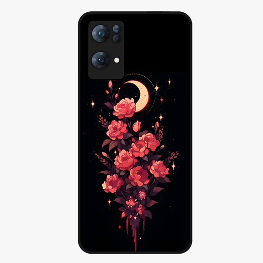 Moonlit Floral Elegance Glass Case showing flat back view with elegant floral artwork under moonlit tones and glossy glass finish.