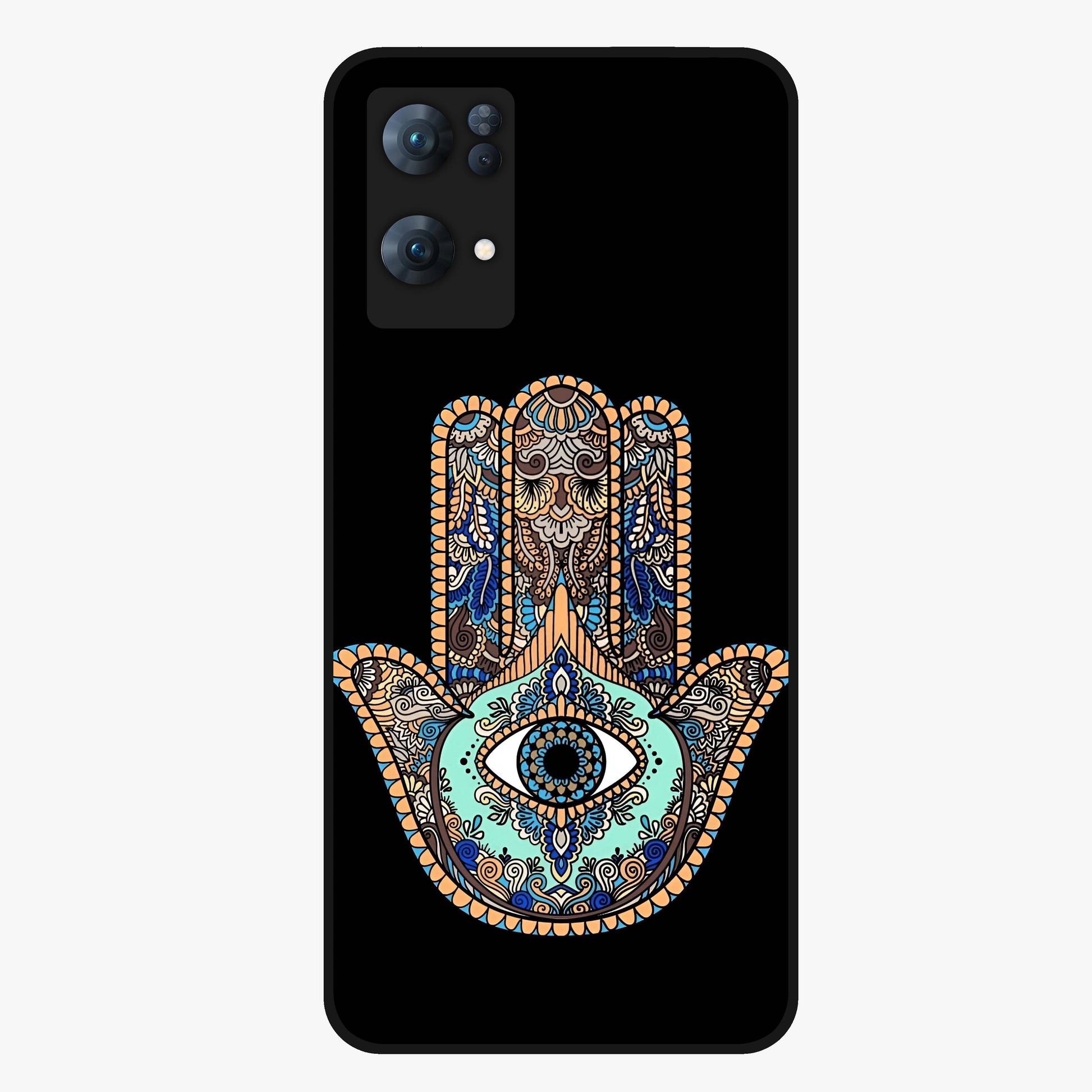 Mystic Hamsa Eye Glass Case showing flat back view with protective hamsa hand and evil eye artwork and glossy glass finish.