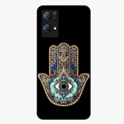 Mystic Hamsa Eye Glass Case showing flat back view with protective hamsa hand and evil eye artwork and glossy glass finish.