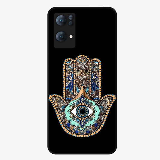 Mystic Hamsa Eye Glass Case showing flat back view with protective hamsa hand and evil eye artwork and glossy glass finish.