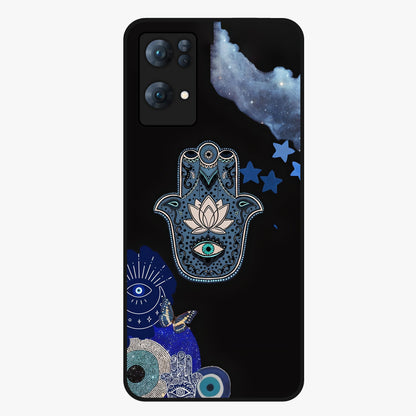 Mystic Hand Aura Glass Case showing flat back view with mystical hand symbol artwork and glossy glass finish.