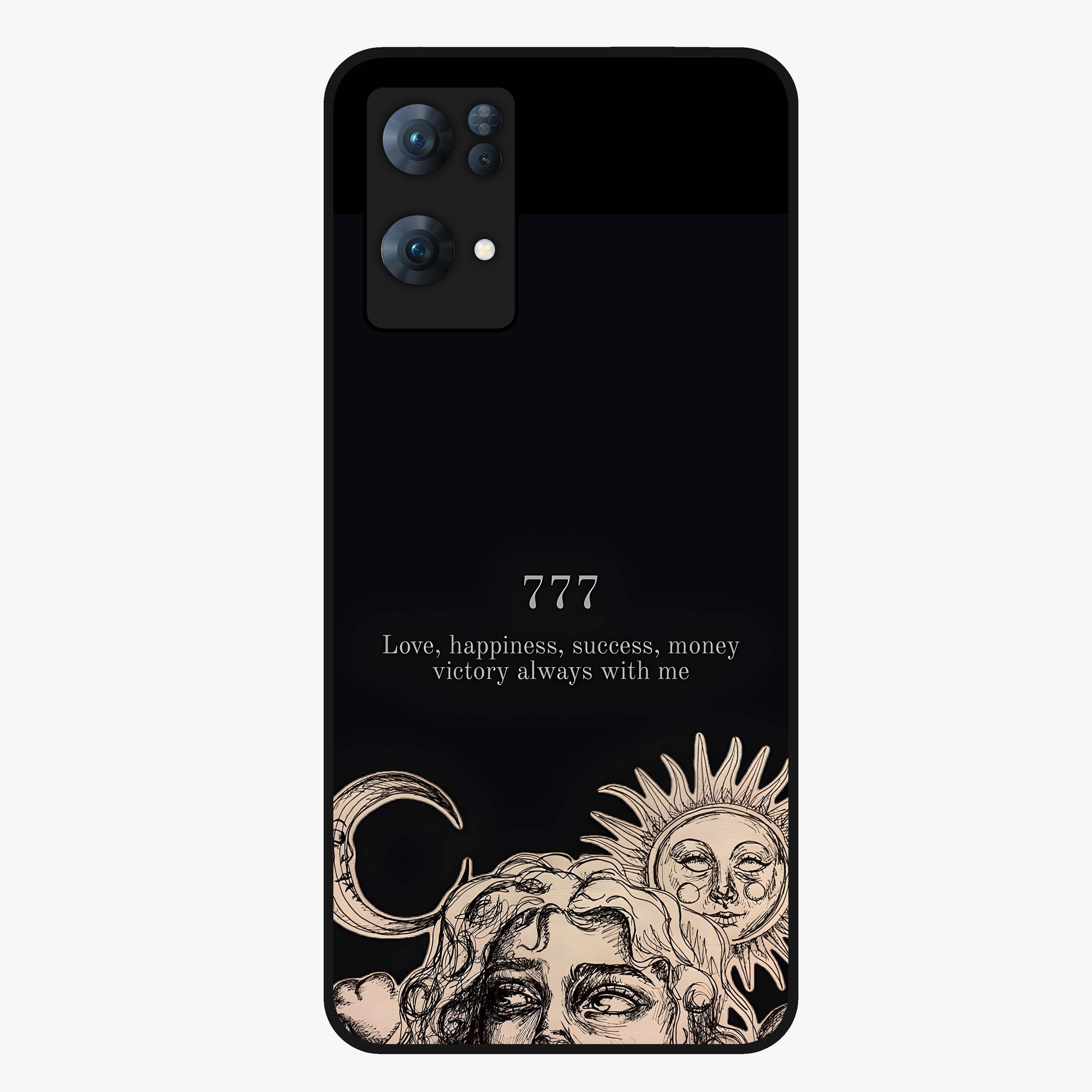 Mystic Victory Aura Glass Case showing flat back view with victory symbol artwork and glossy glass finish.