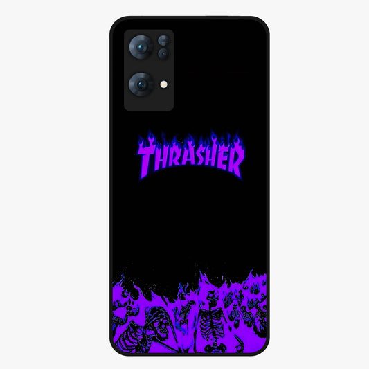 Neon Flame Riot Glass Case showing flat back view with neon flame artwork and glossy glass finish.