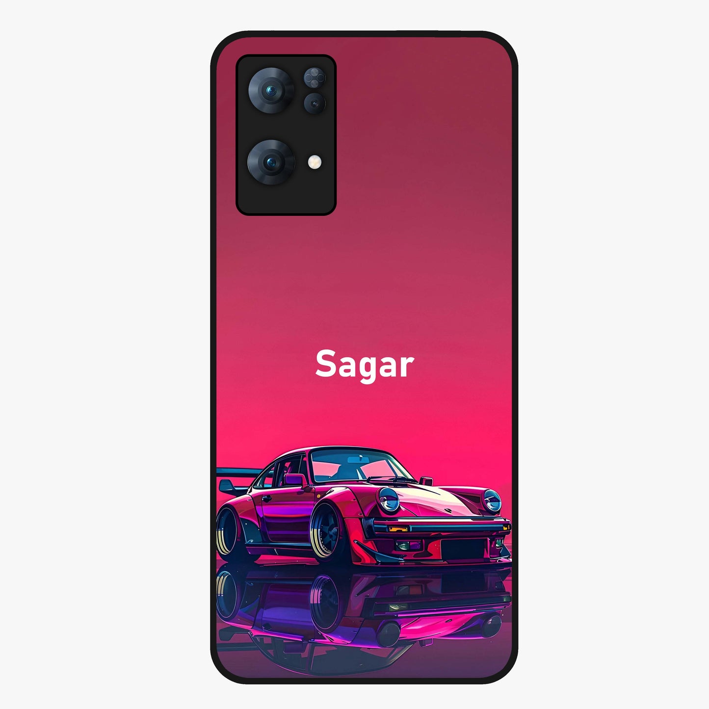 Neon Pink Porsche Glass Case showing flat back view with stylish sports car artwork and glossy glass finish.
