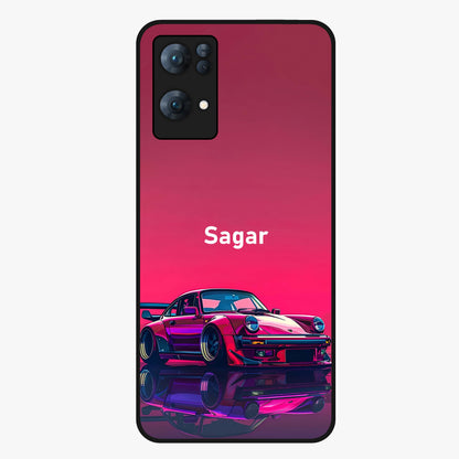 Neon Pink Porsche Glass Case showing flat back view with stylish sports car artwork and glossy glass finish.