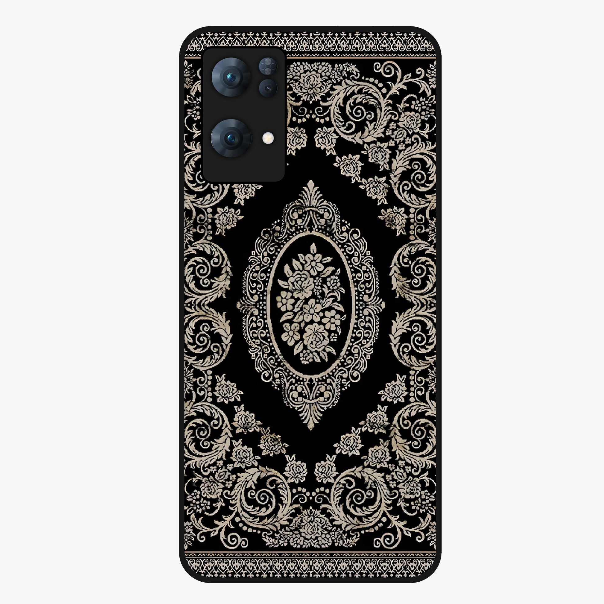 Noir Bloom Elegance Glass Case showing flat back view with elegant dark floral artwork and glossy glass finish.