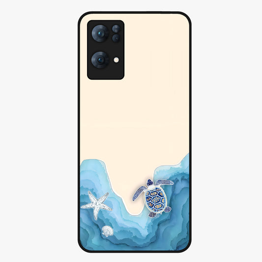 Ocean Drift Turtle Glass Case showing flat back view with sea turtle artwork and glossy glass finish.