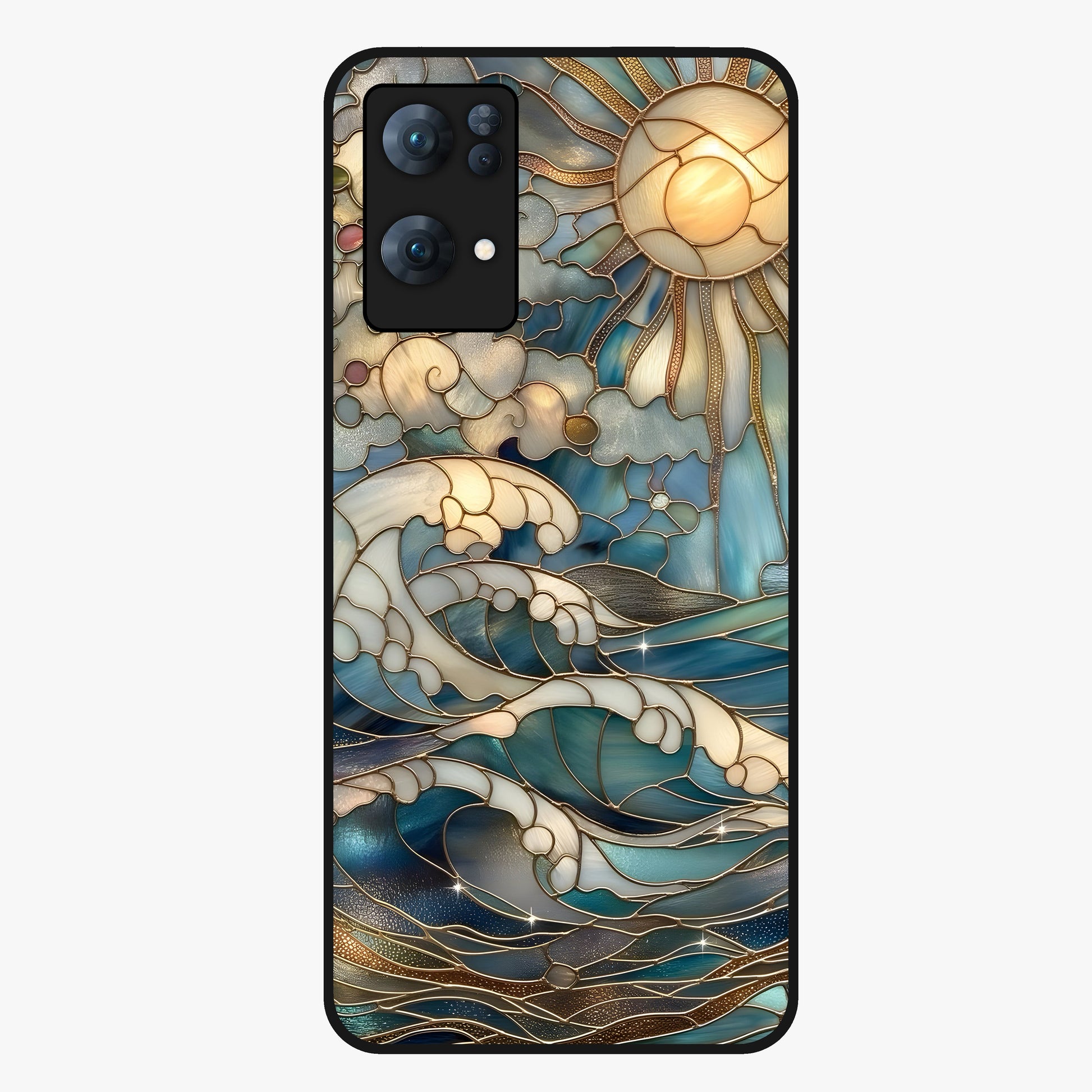 Oceanic Stained Printed Glass Case showing flat back view with ocean inspired stained pattern artwork and glossy glass finish.