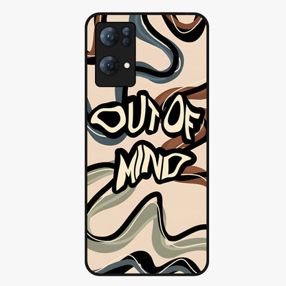 Out Of Mind Glass Case showing flat back view with expressive typography artwork and glossy glass finish.