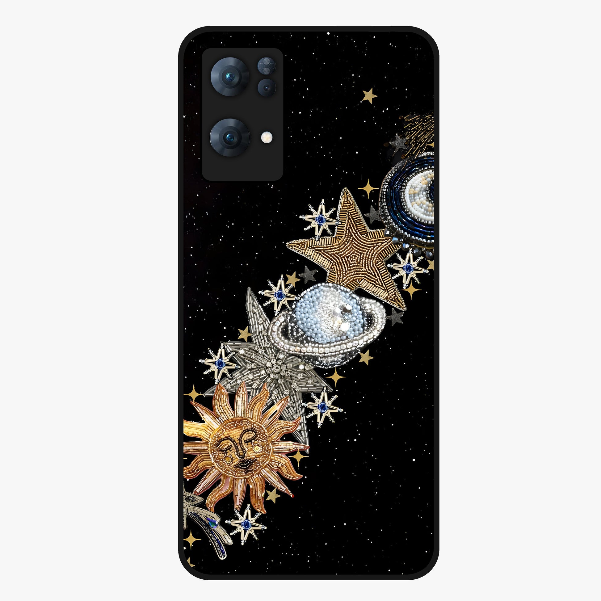 Pearls Universe Object Glass Case showing flat back view with pearl inspired cosmic artwork and glossy glass finish.
