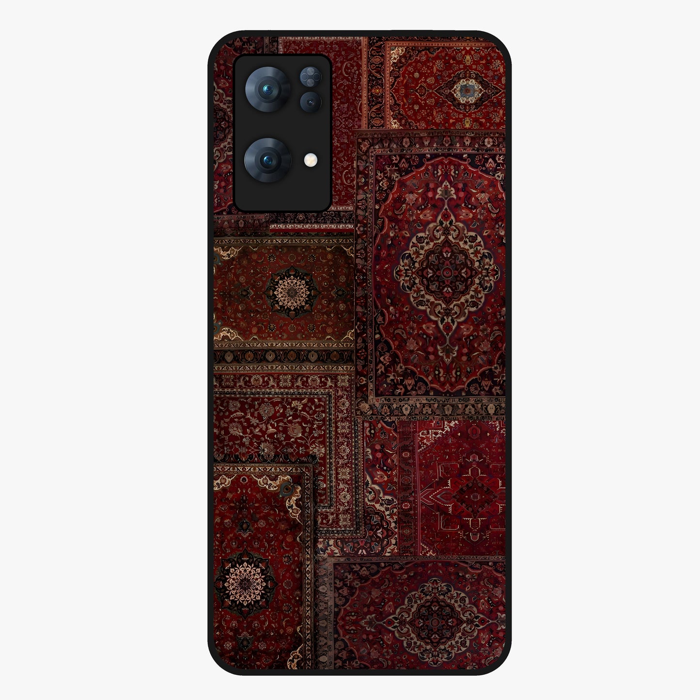 Persian Velvet Tale Glass Case showing flat back view with luxurious Persian velvet pattern artwork and glossy glass finish.