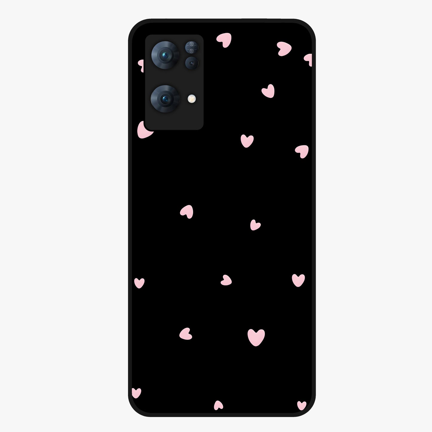 Pink Love Drops Glass Case showing flat back view with playful pink heart drops artwork and glossy glass finish.