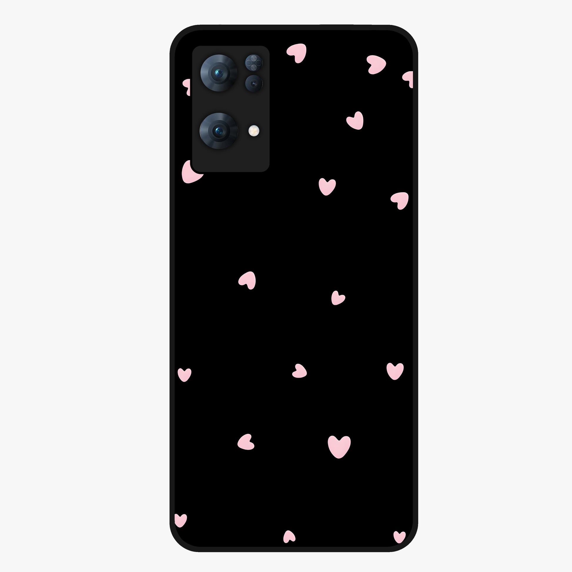 Pink Love Drops Glass Case showing flat back view with playful pink heart drops artwork and glossy glass finish.