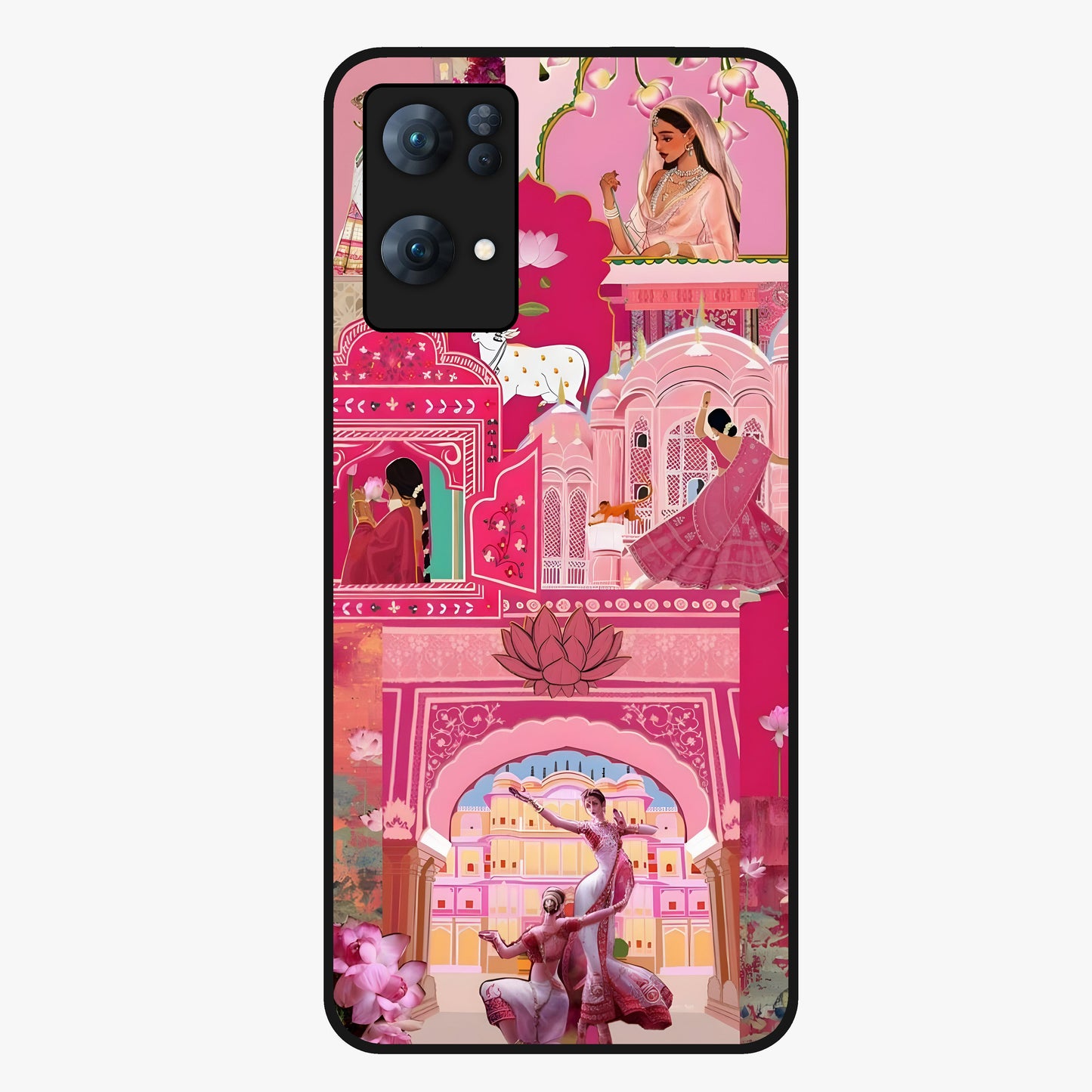 Pink Palace Muse Glass Case showing flat back view with elegant palace inspired artwork and glossy glass finish.