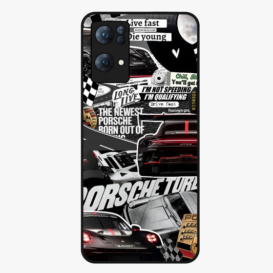 Porsche Racing Collage Glass Case showing flat back view with sports car racing collage artwork and glossy glass finish.