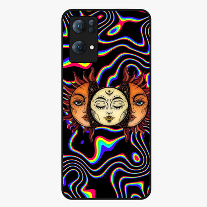 Psychedelic Sun Glass Case showing flat back view with colorful psychedelic sun artwork and glossy glass finish.