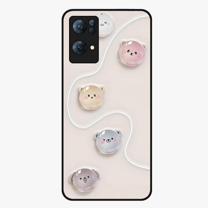 Puffy Face Parade Glass Case showing flat back view with cute puffy character faces artwork and glossy glass finish.