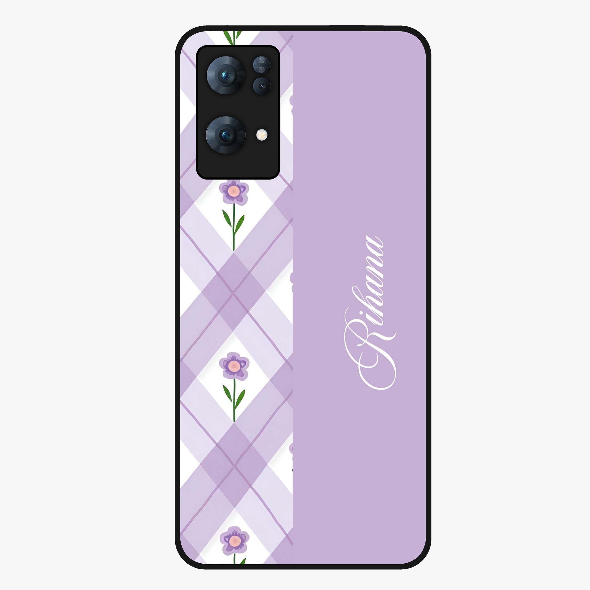 Purple Diamond Floral Glass Case showing flat back view with diamond shaped floral artwork and glossy glass finish.