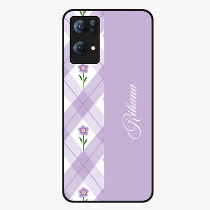 Purple Diamond Floral Glass Case showing flat back view with diamond shaped floral artwork and glossy glass finish.