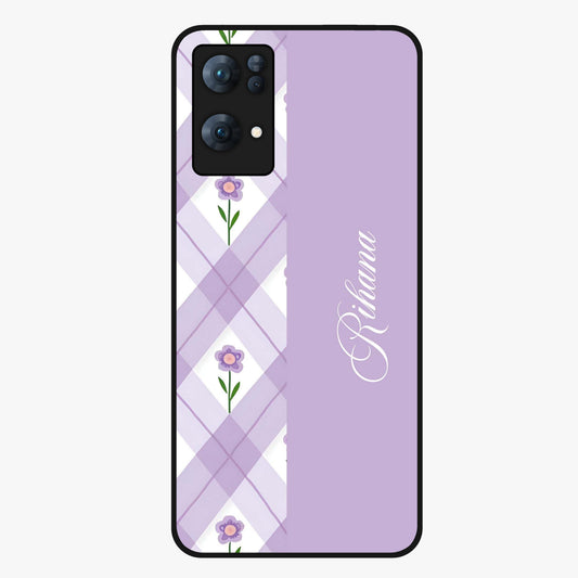 Purple Diamond Floral Glass Case showing flat back view with diamond shaped floral artwork and glossy glass finish.