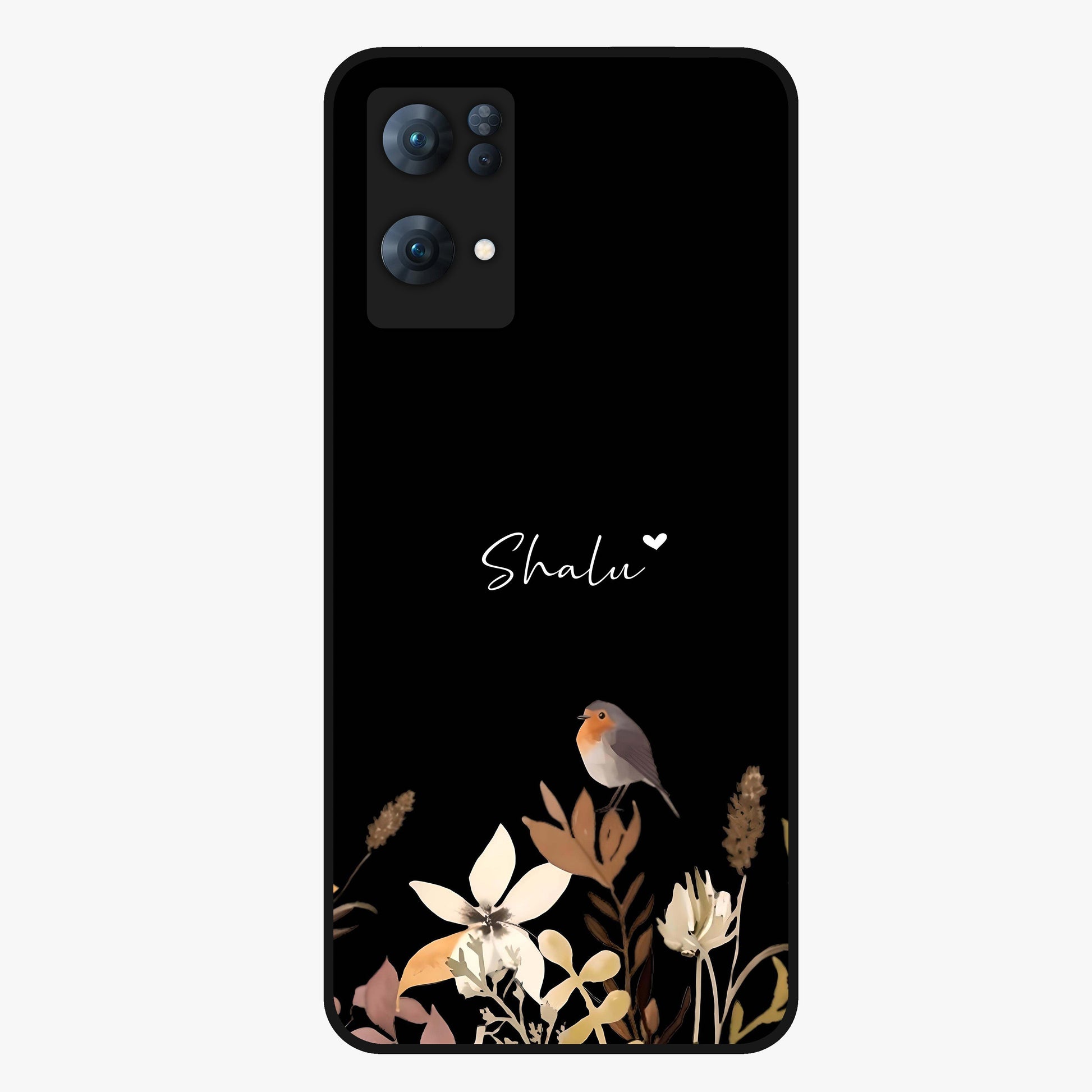 Quiet Garden Tune Custom Name Glass Case showing flat back view with peaceful garden artwork and personalized name design.