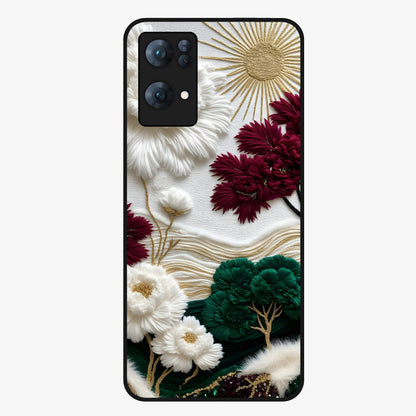 Radiant Bloom Elegance Glass Case showing flat back view with elegant blooming flower artwork and glossy glass finish.