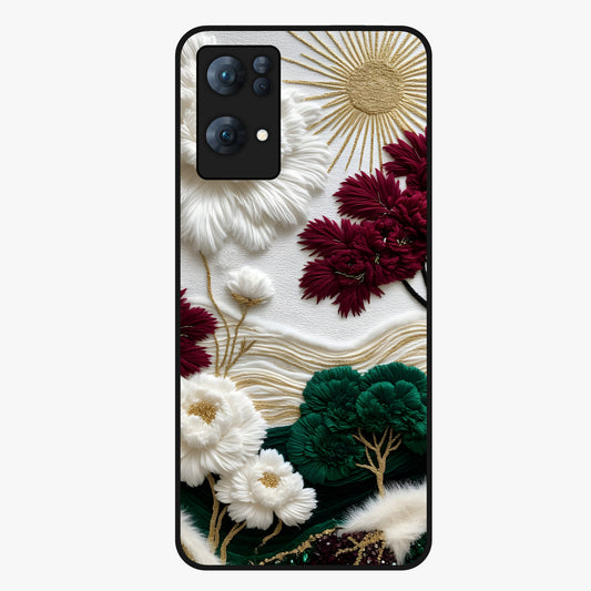 Radiant Bloom Elegance Glass Case showing flat back view with elegant blooming flower artwork and glossy glass finish.
