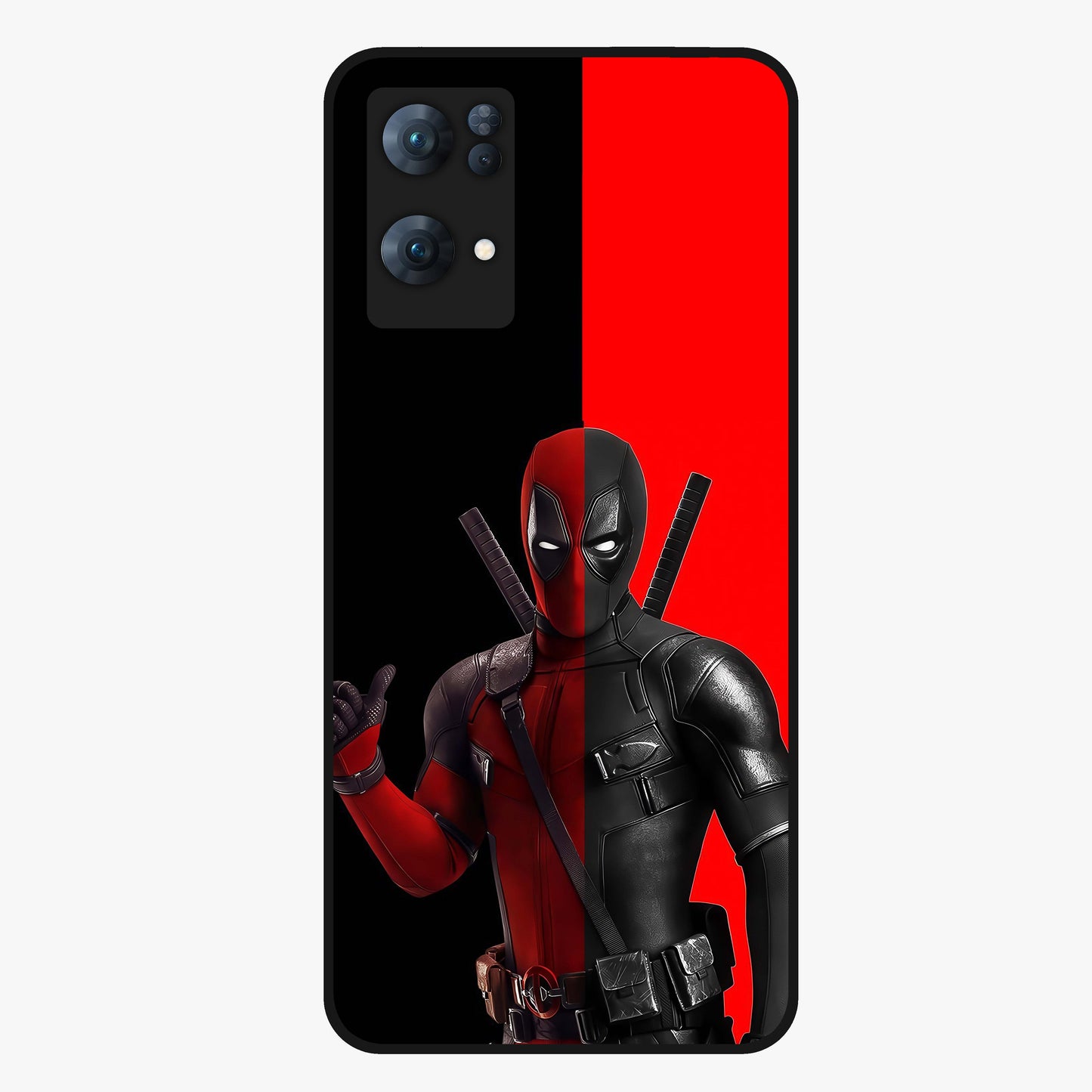 Red & Black Deadpool Theme Glass Case showing flat back view with bold comic inspired artwork and glossy glass finish.