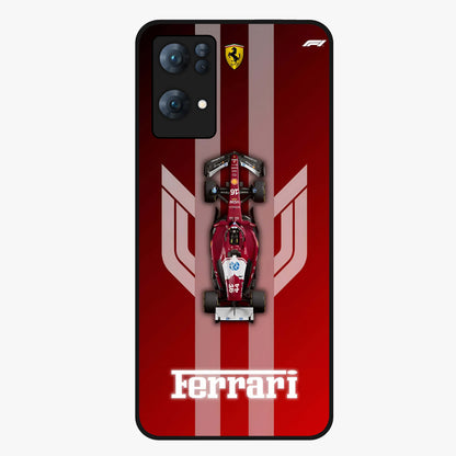 Red Ferrari F1 Vertical Glass Case showing flat back view with sleek Formula racing car artwork and glossy glass finish.