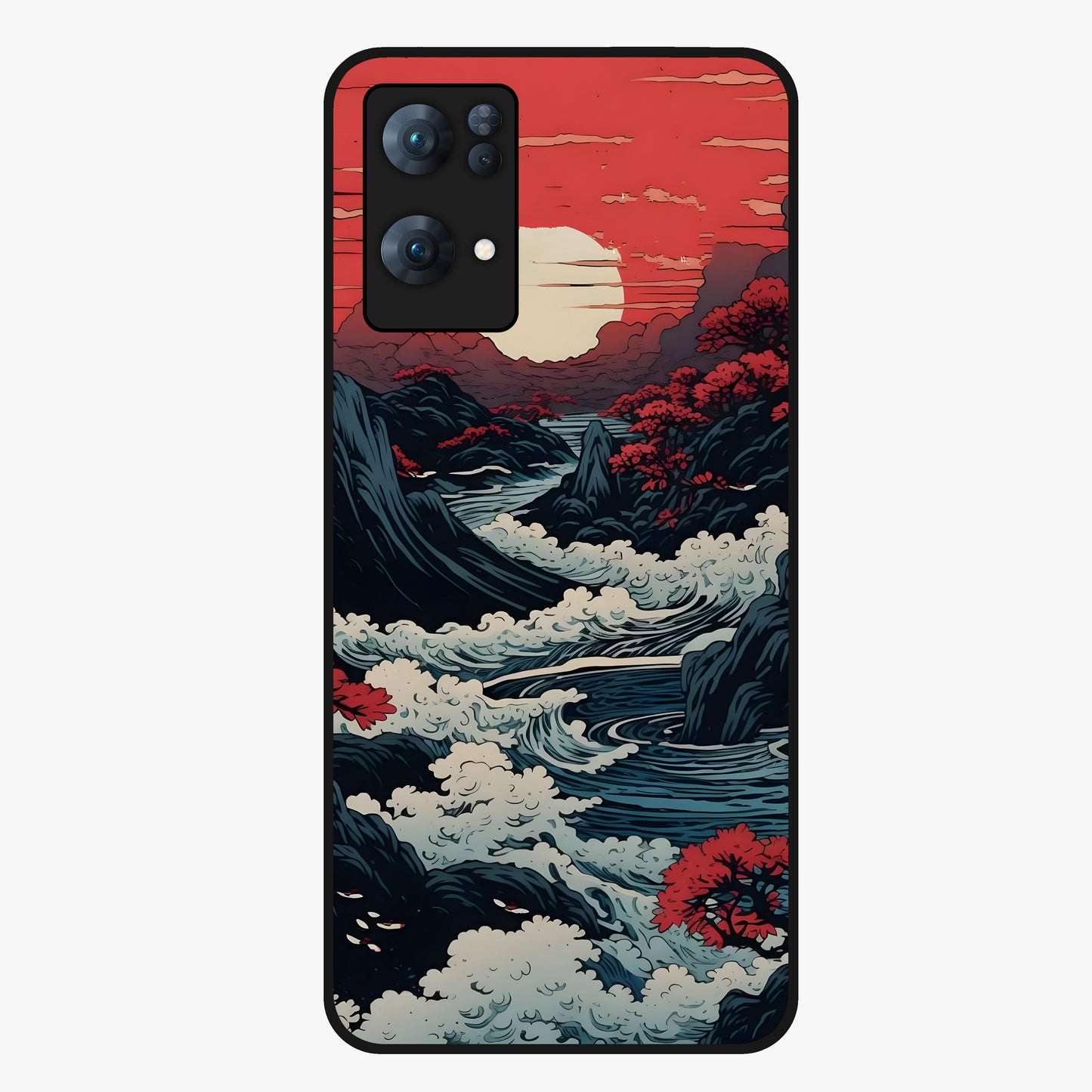 Red Sunset Scenery Glass Case showing flat back view with vibrant sunset landscape artwork and glossy glass finish.