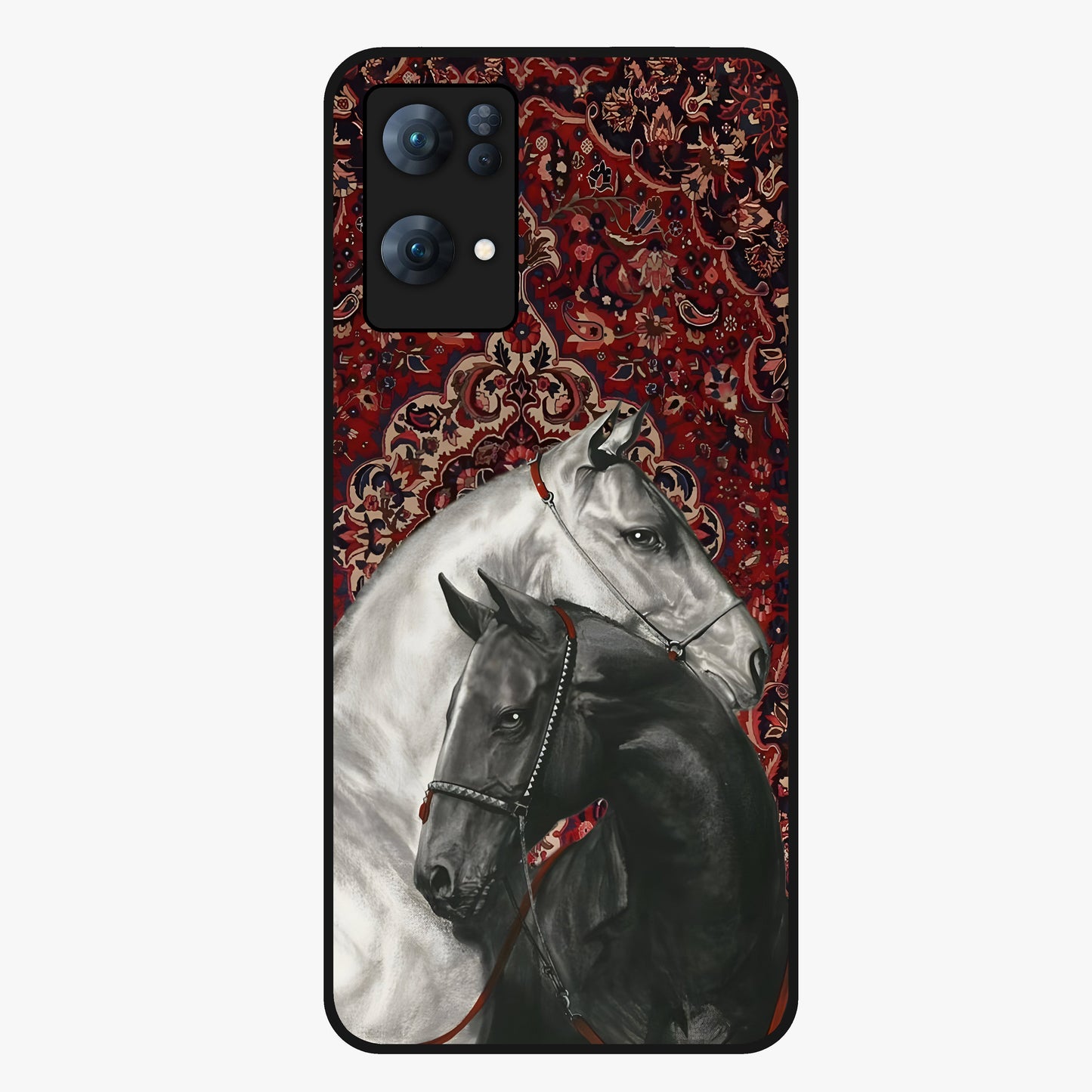 Regal Stallion Tapestry Glass Case showing flat back view with majestic horse tapestry artwork and glossy glass finish.