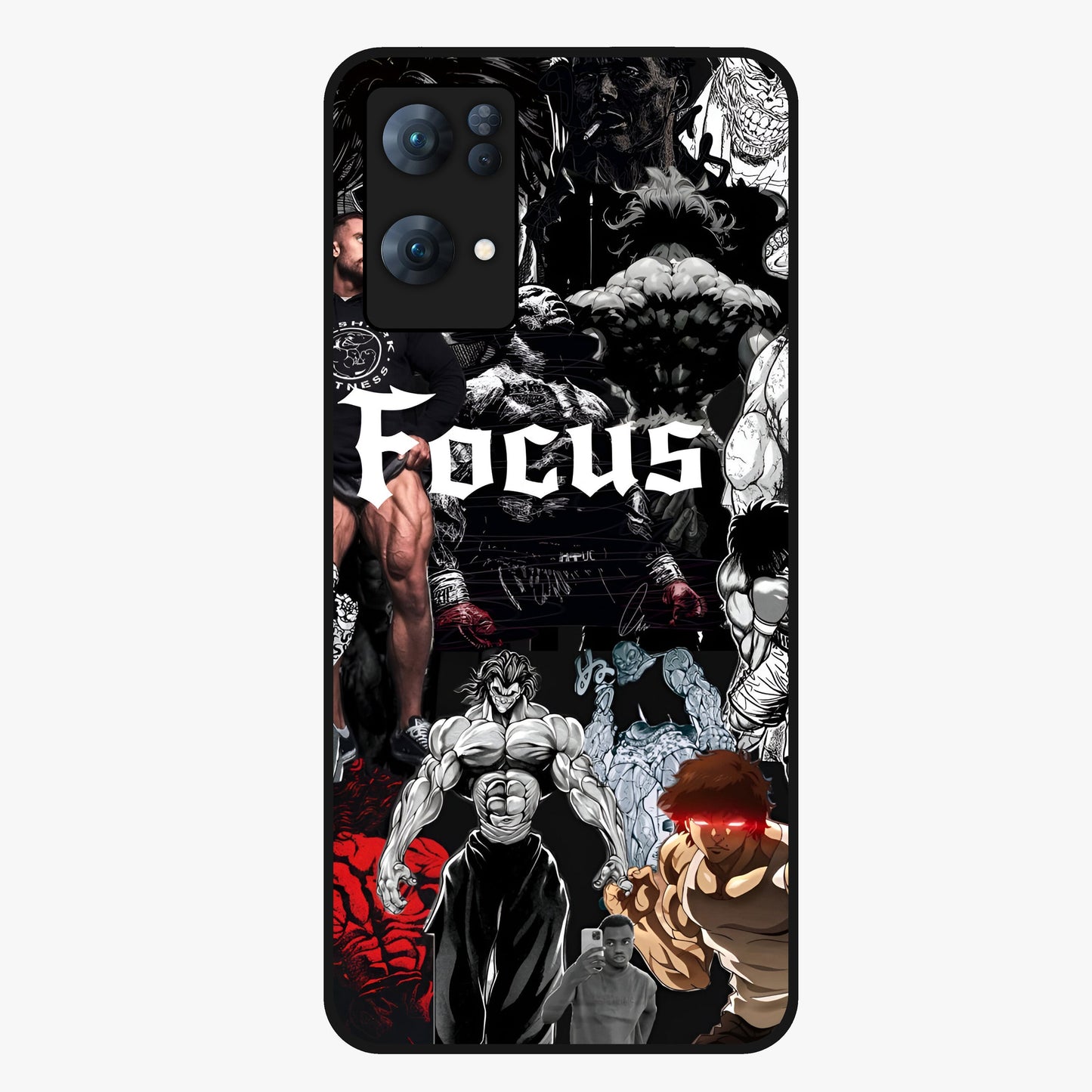Relentless Power Focus Glass Case showing flat back view with motivational typography artwork and glossy glass finish.