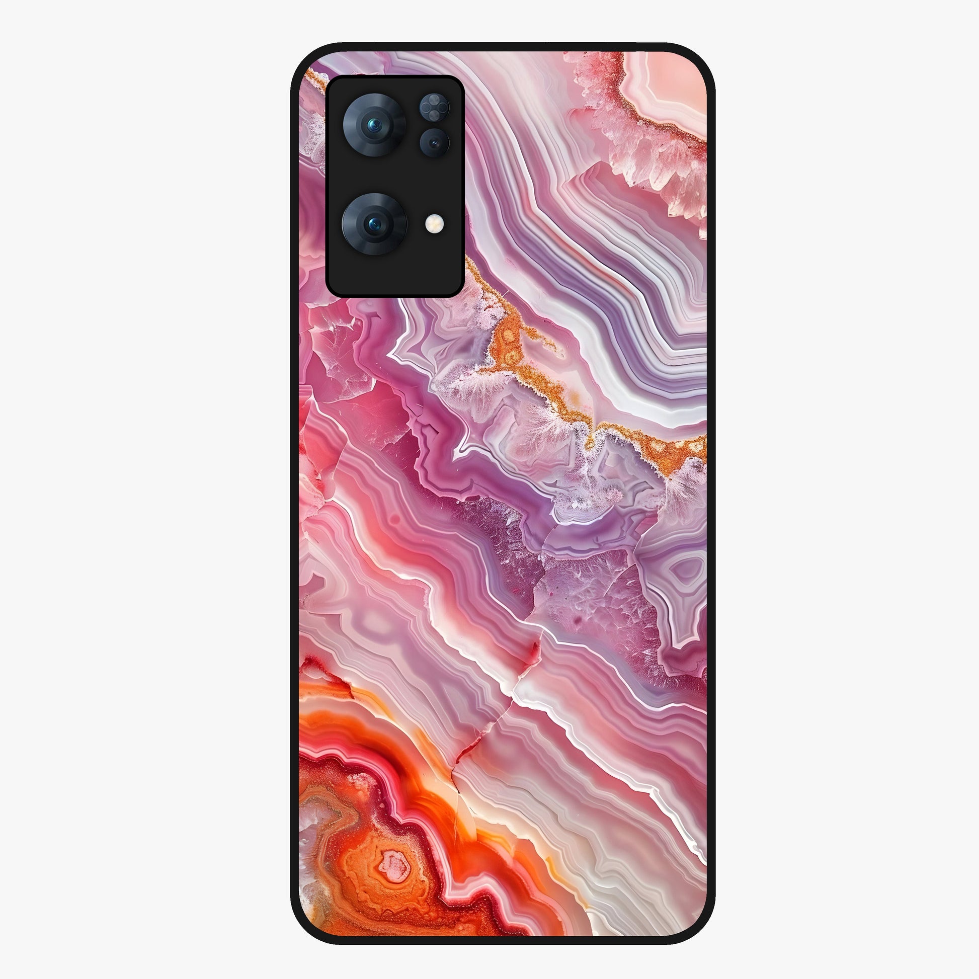 Rose Quartz Marble Glass Case showing flat back view with pink marble quartz texture artwork and glossy glass finish.