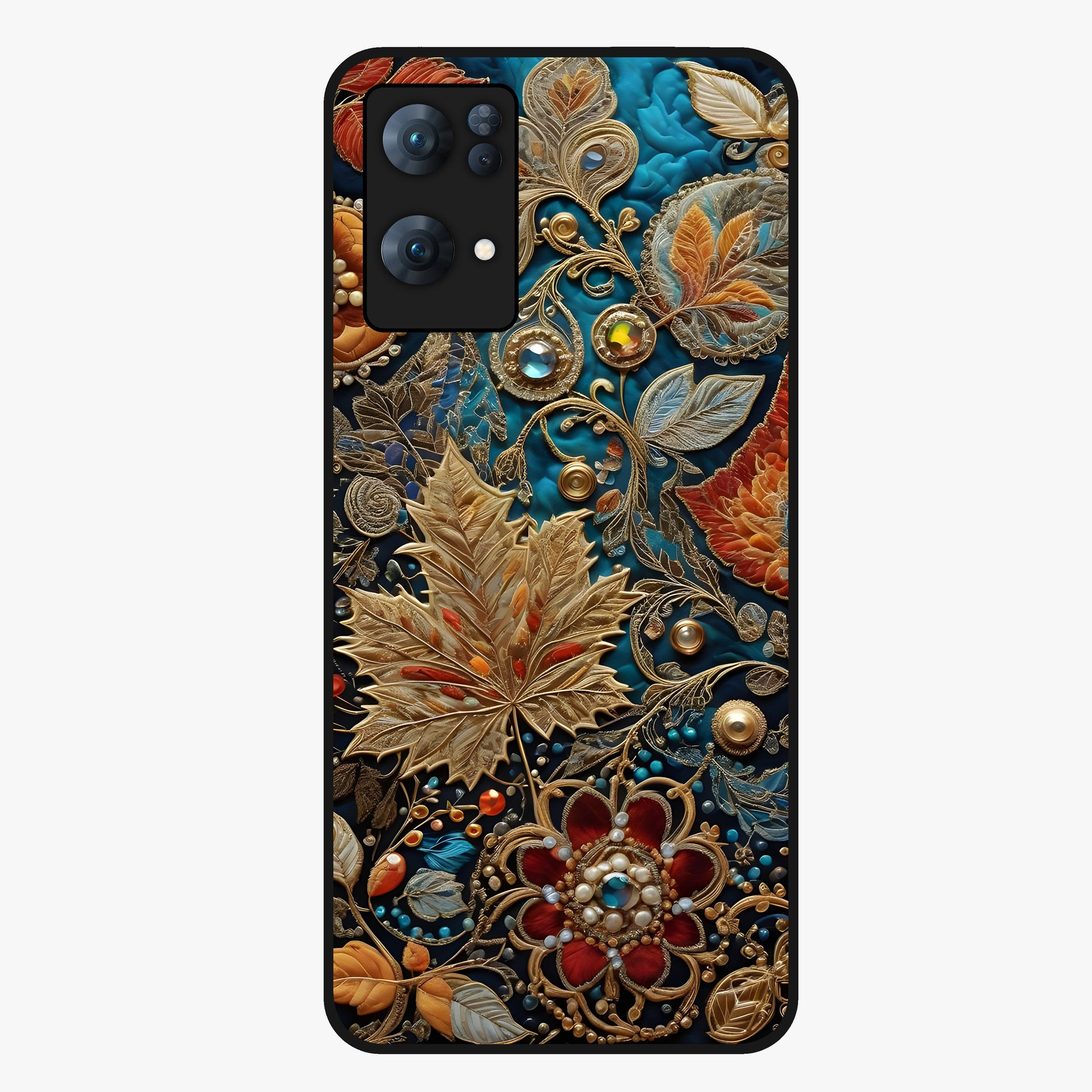 Royal Jewel Garden Glass Case showing flat back view with decorative floral garden artwork and glossy glass finish.