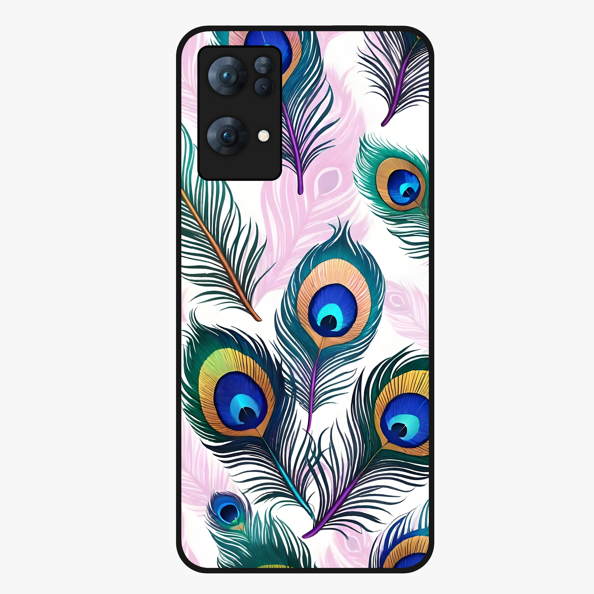 Royal Peacock Feathers Glass Case showing flat back view with colorful peacock feather artwork and glossy glass finish.