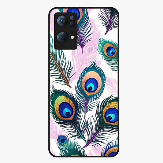 Royal Peacock Feathers Glass Case showing flat back view with colorful peacock feather artwork and glossy glass finish.