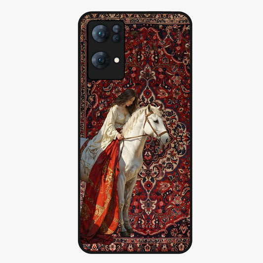 Royal Rider Tapestry Glass Case showing flat back view with majestic horse rider tapestry artwork and glossy glass finish.