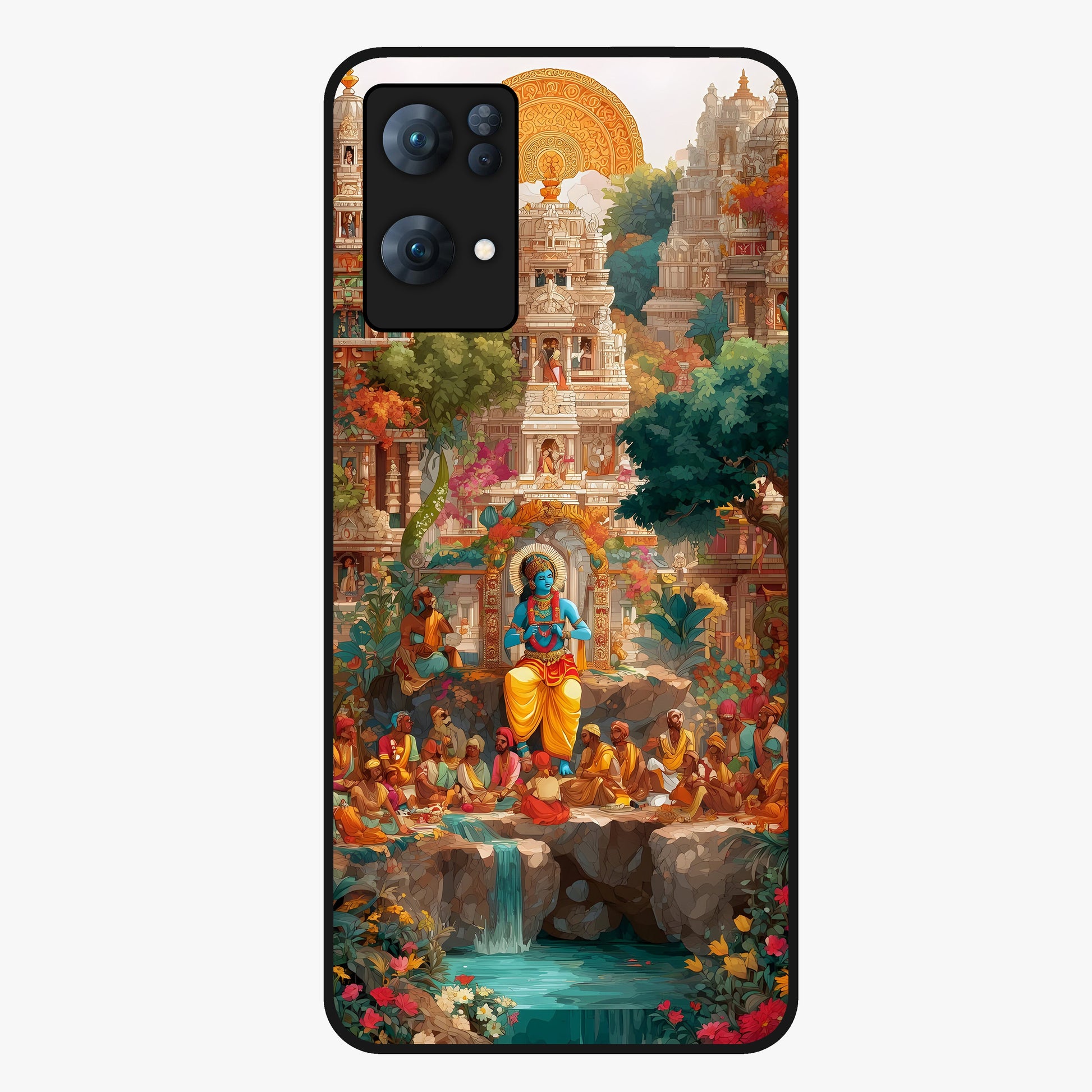 Sacred Sunlight Gods Glass Case showing flat back view with divine sunlight themed artwork and glossy glass finish.