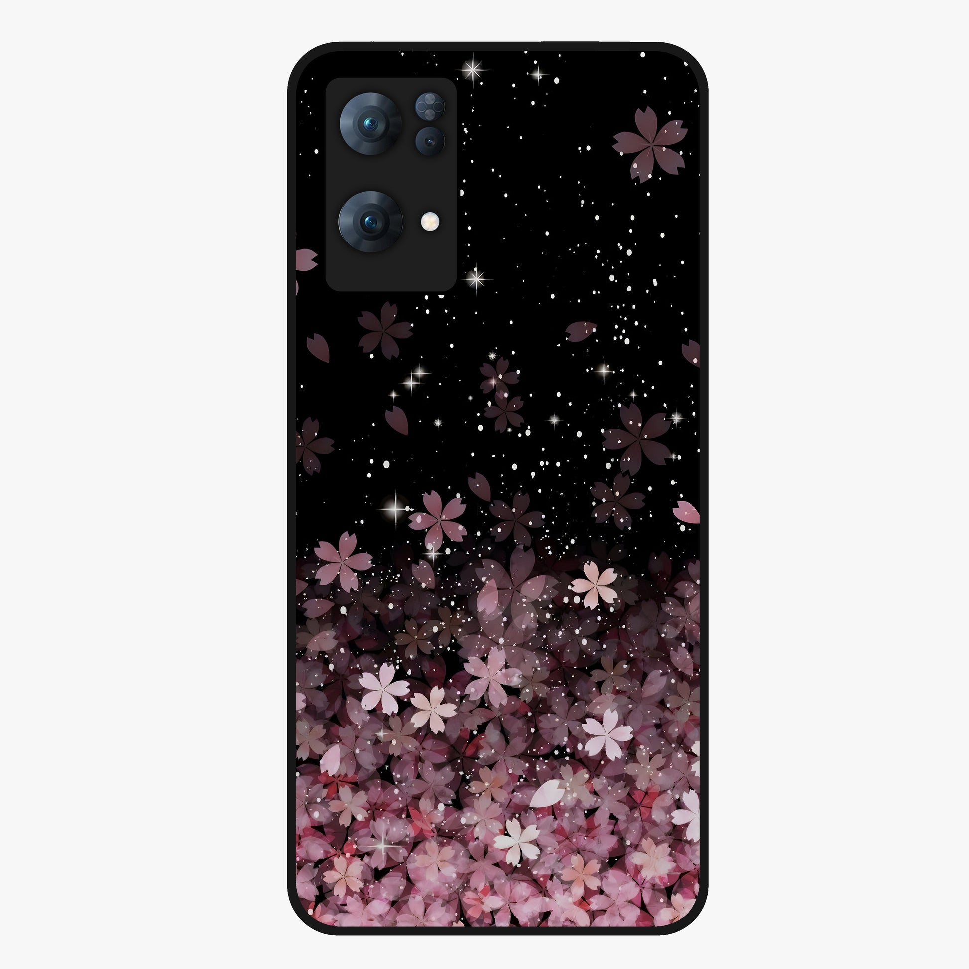 Small Starry Flowers Glass Case showing flat back view with delicate starry floral artwork and glossy glass finish.