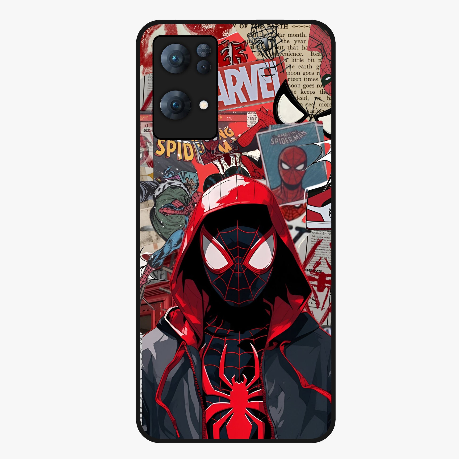 Spider Collage Street Glass Case showing flat back view with vibrant superhero collage artwork and glossy glass finish.