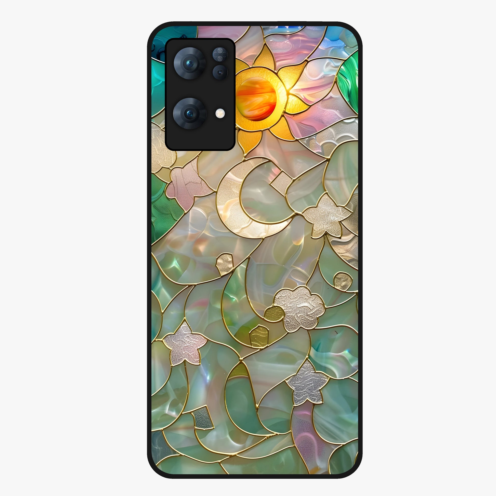 Stained Sunrise Glow Glass Case showing flat back view with glowing sunrise stained pattern artwork and glossy glass finish.