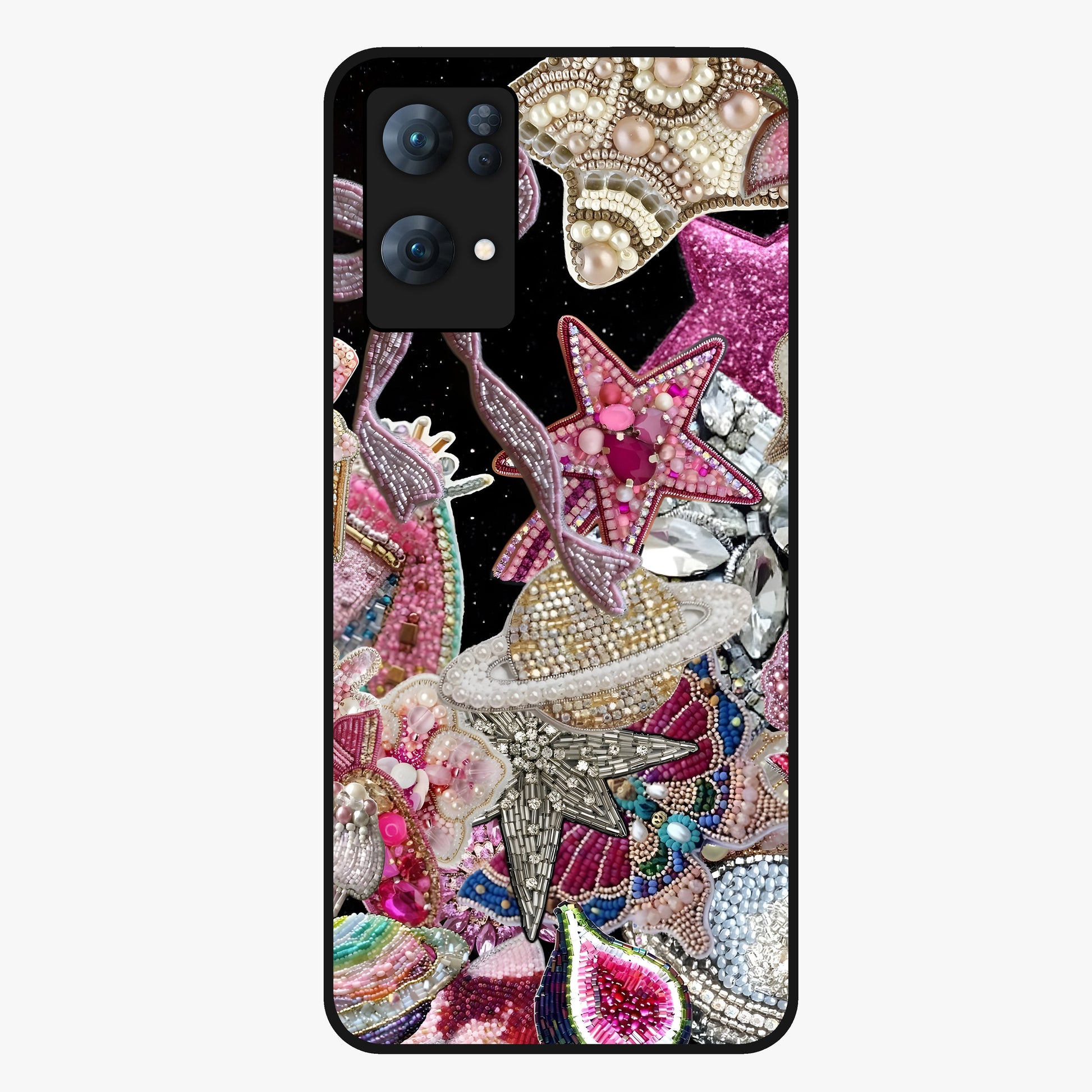 Starlit Jewel Dream Glass Case showing flat back view with sparkling jewel and star themed artwork and glossy glass finish.